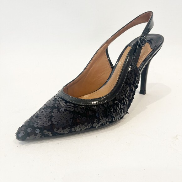 J.Renee Chinaetta Black Diamond Sequin Fabric Slingback Heels Size 6 Dressy - Picture 2 of 9